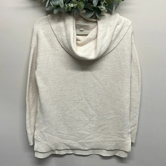 Loft Cowl Neck Sweater Oversized Ribbed Cream Wool Blend S - Picture 1 of 16